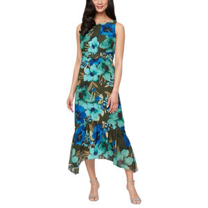 SLNY Tropical Floral Sleeveless Ruffle Hem Midi Dress Green & Blue Size 10